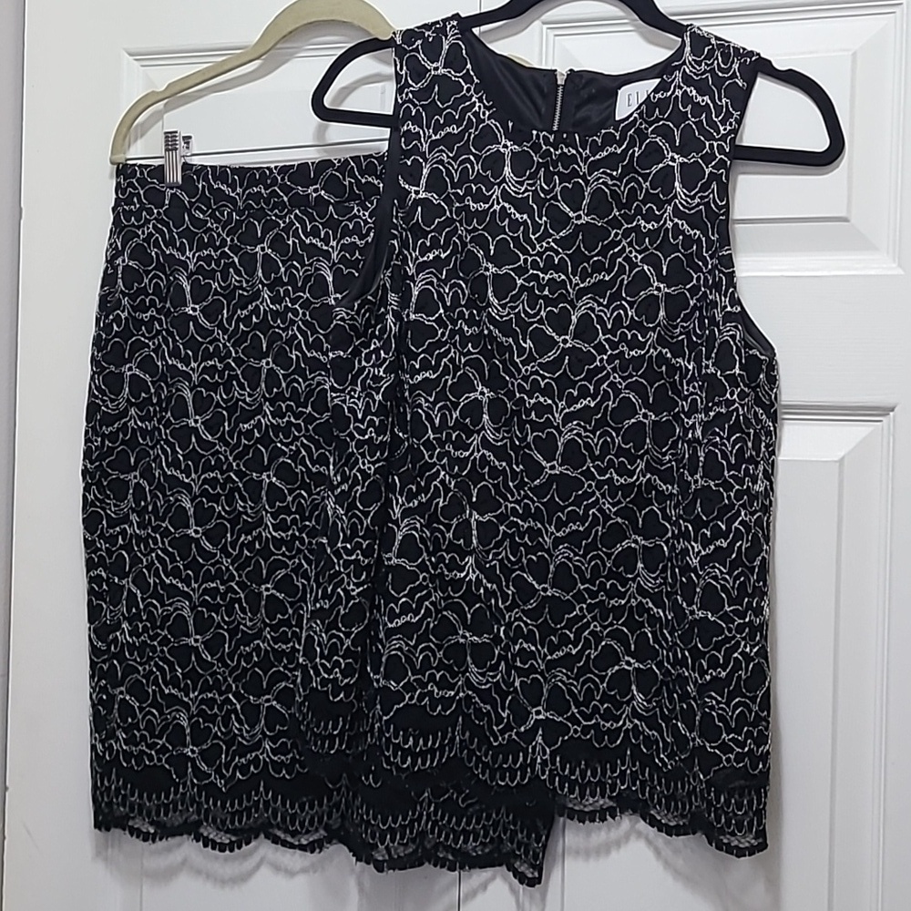 2pc skirt tank set ELLE floral lace black white Womens Size‎ 10
